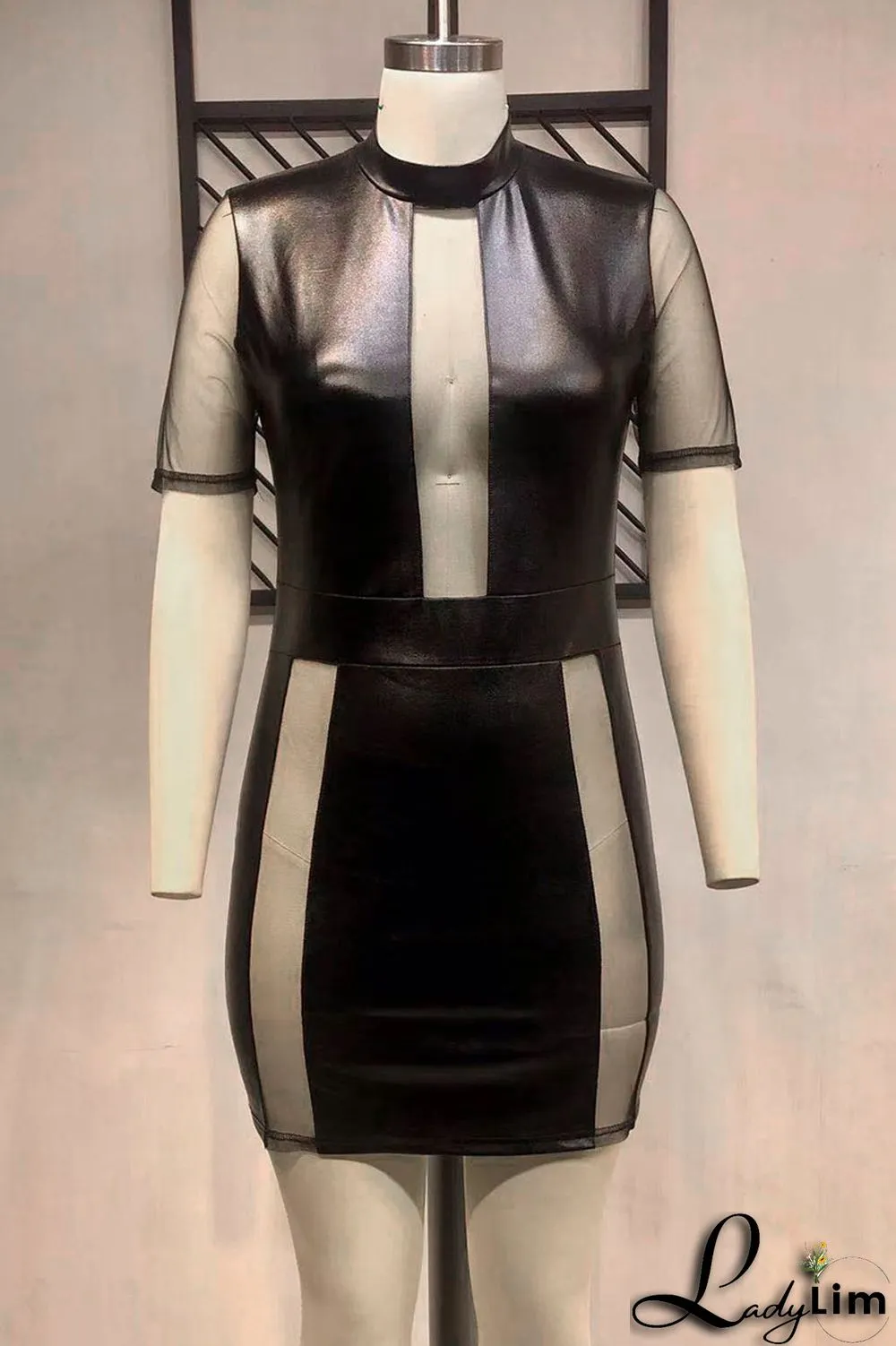 Black Sexy Solid Patchwork Half A Turtleneck One Step Skirt Plus Size Dresses