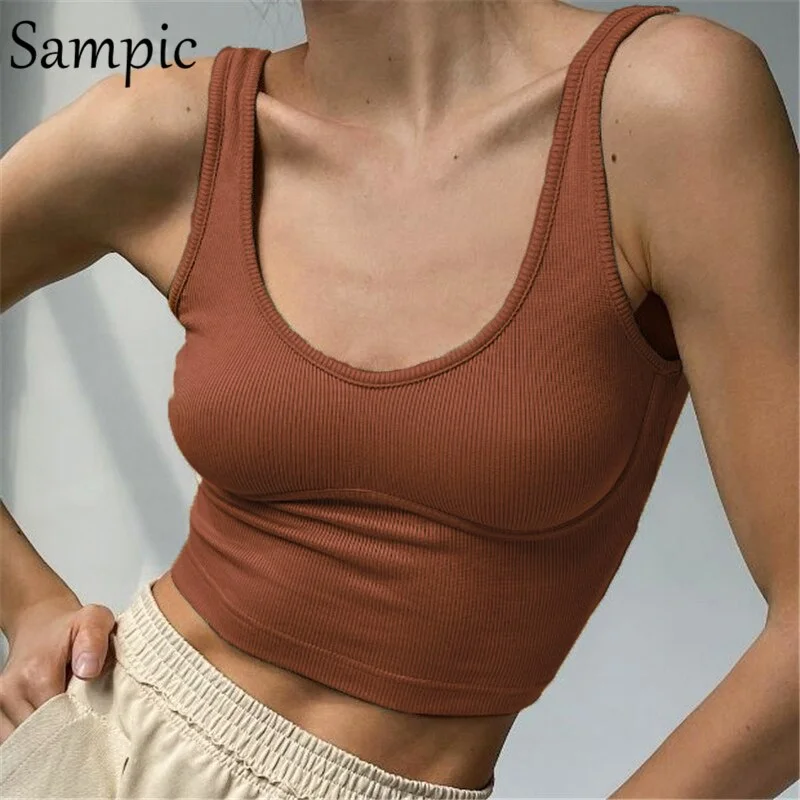 Sampic Green Knitted Summer Y2K 2021 Fashion Basic Skinny T Shirt Mini Vest Crop Tops Sexy Casual Ribber Off Shoulder Tank Tops