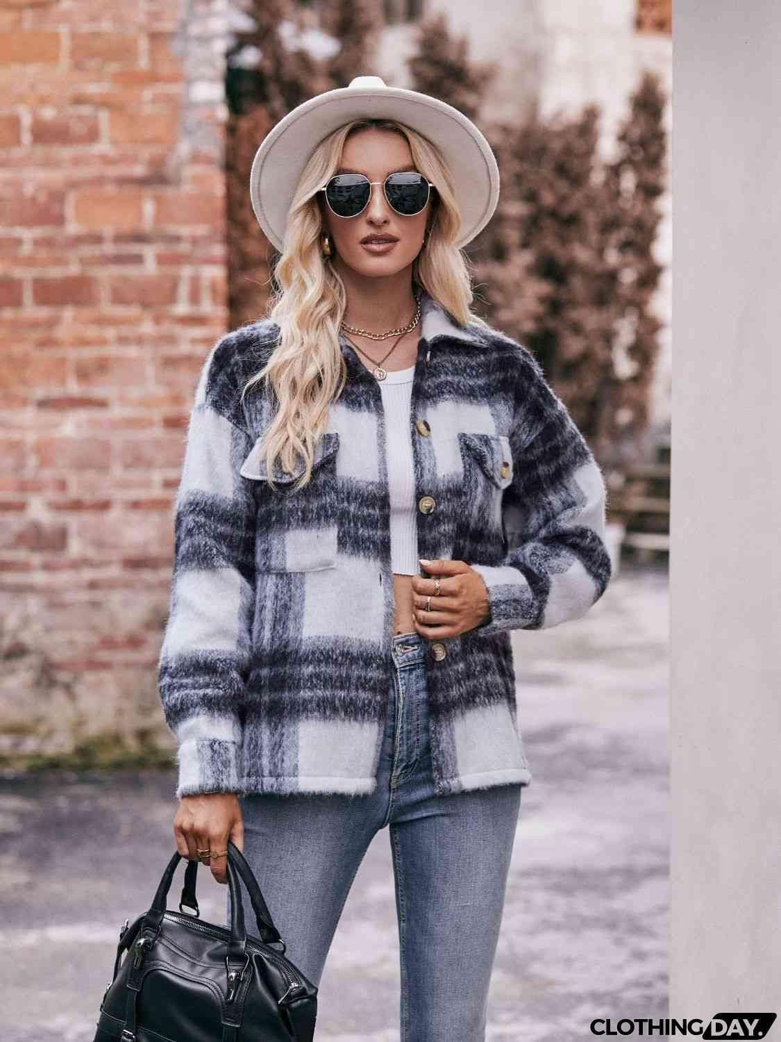 Plaid Dropped Shoulder Collared Jacket