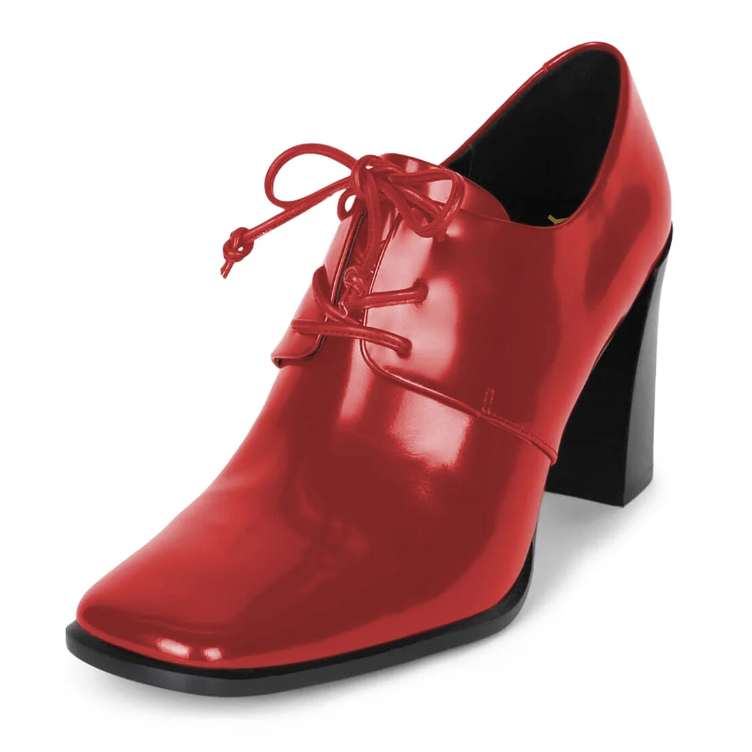 YDN Simple Red Patent Leather Square Toe Tie-Up Oxford Heels