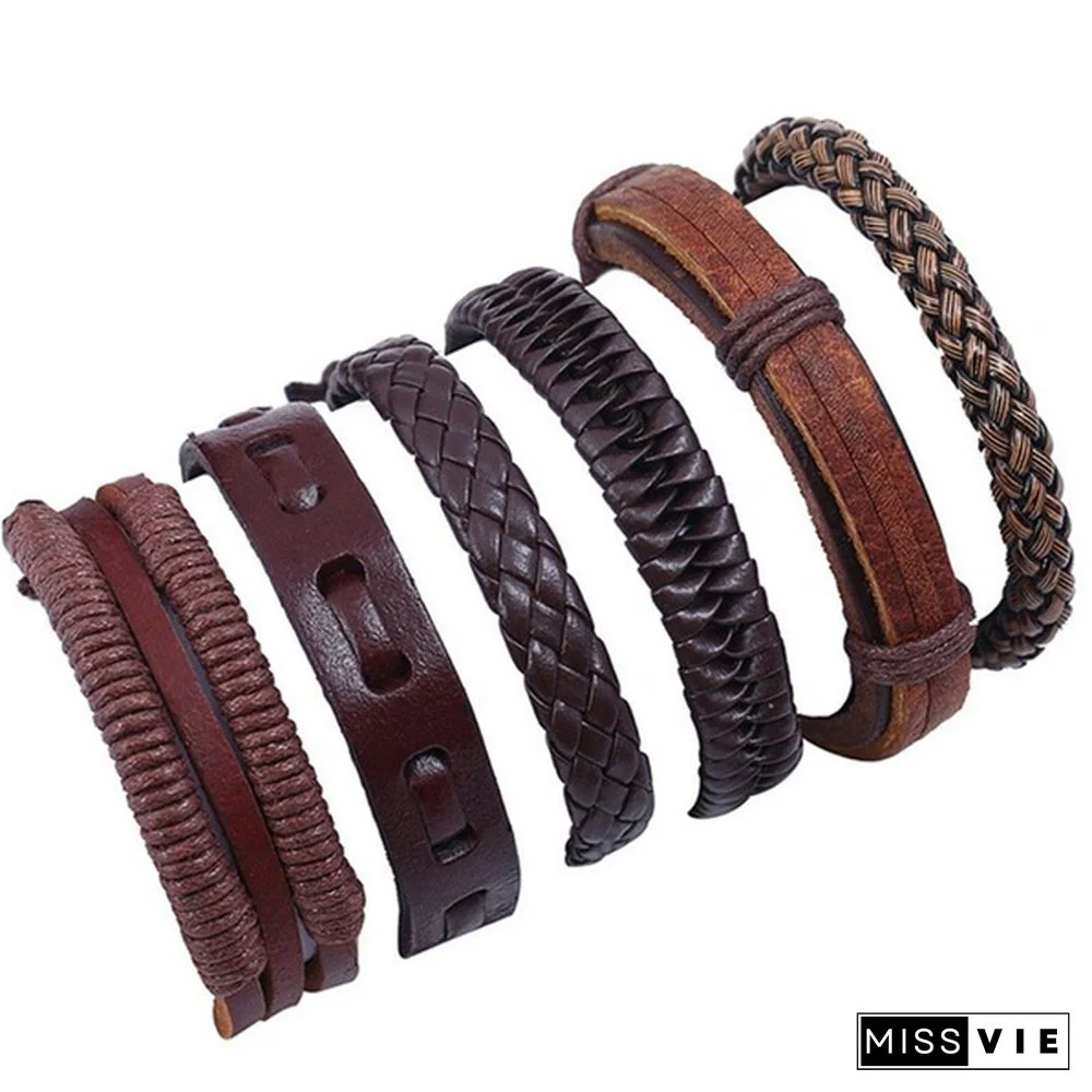 6pcs/set Vintage Punk Leather Bracelet Wristband Bangle Men Jewellery Gift
