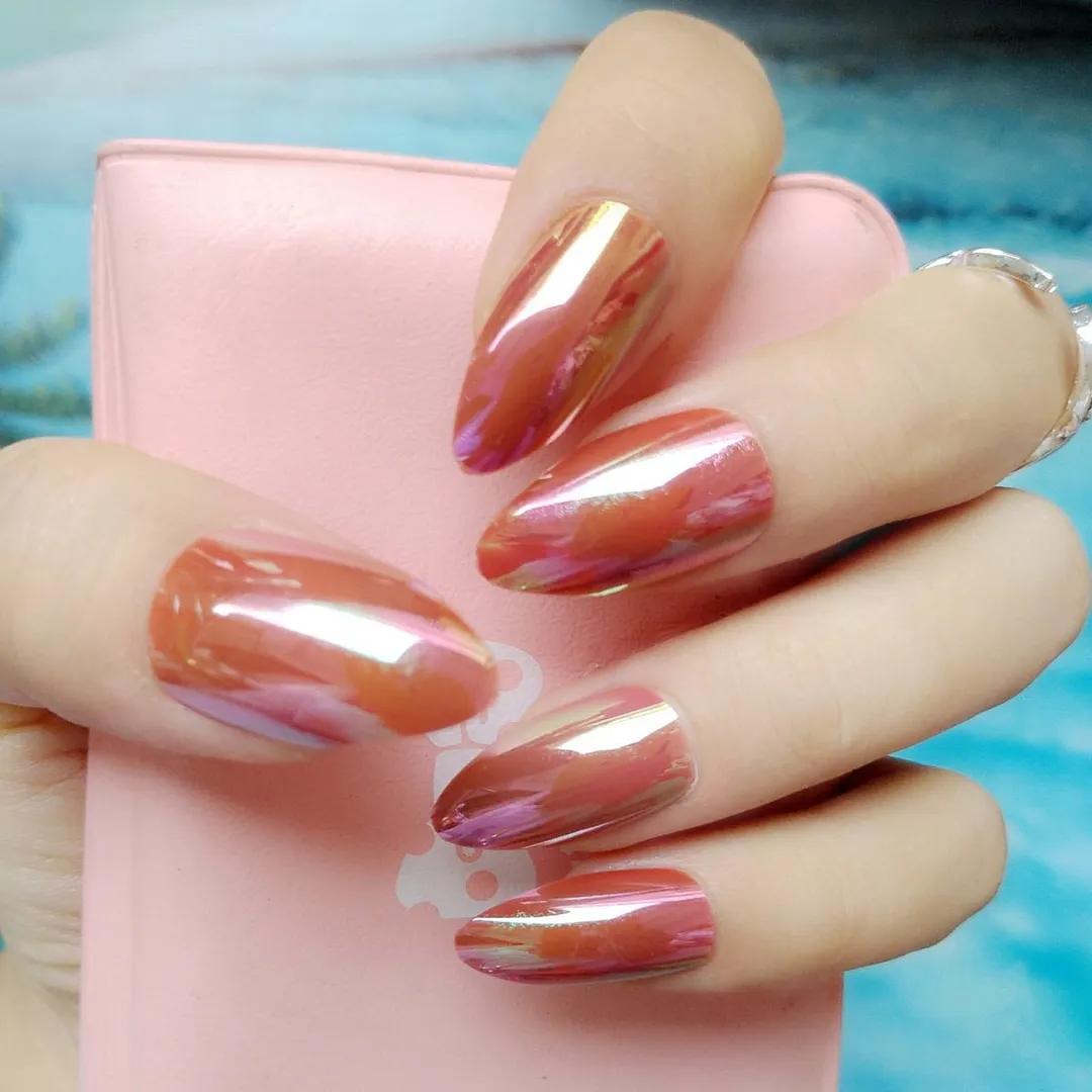 24Pcs Wine Red Artificial False Nails Blooming Gradient Short Stiletto Fake Nails With Design Glitter Gold DIY Manicure Tools-Nail Inspo