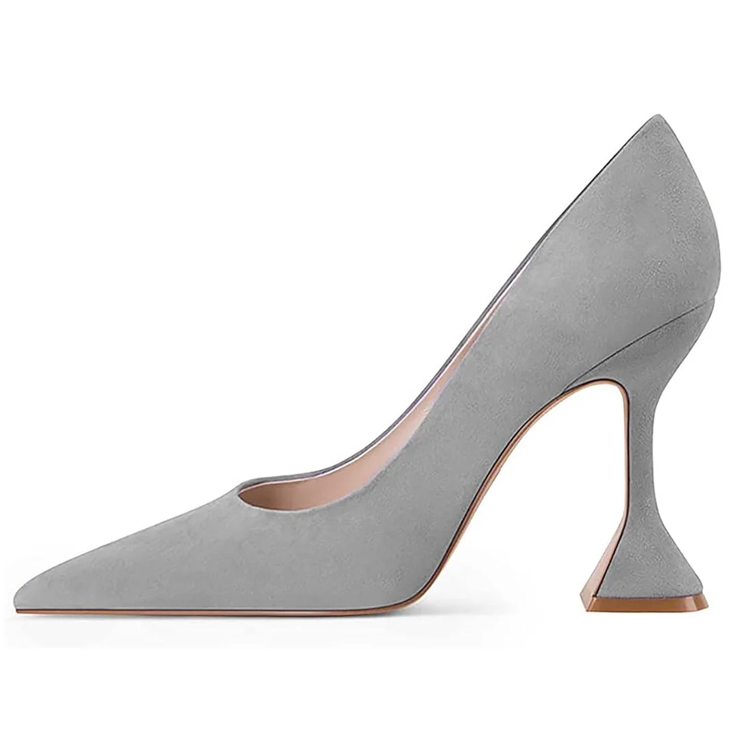 YDN Grey Vegan Suede Pointed Toe Flared Heel Pumps for Women