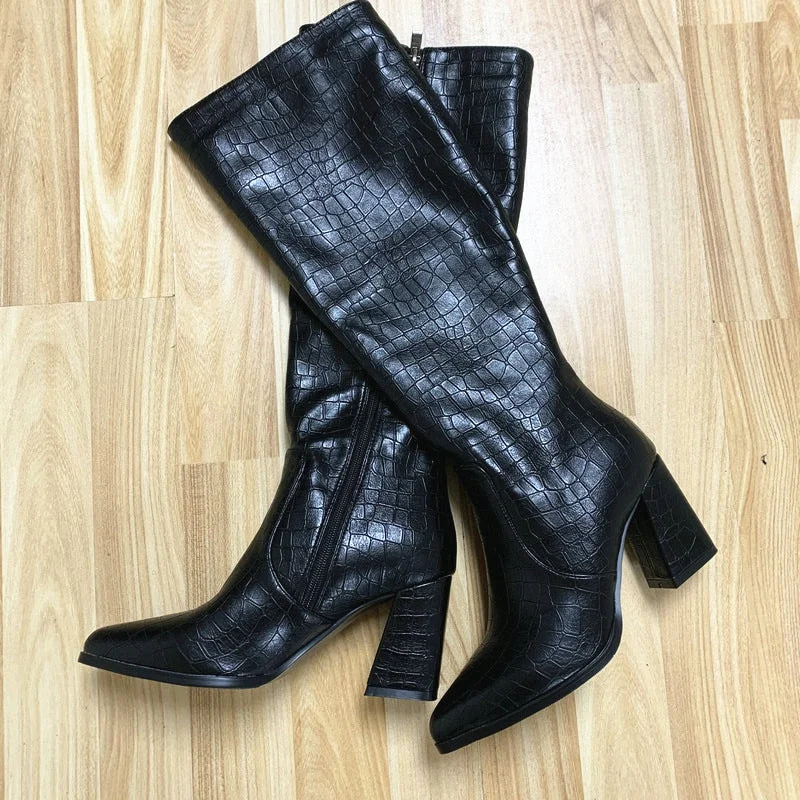 Faux Leather Women Knee High Boots poined Toe Boots Women Long thick High Heel Boots black gold yellow green