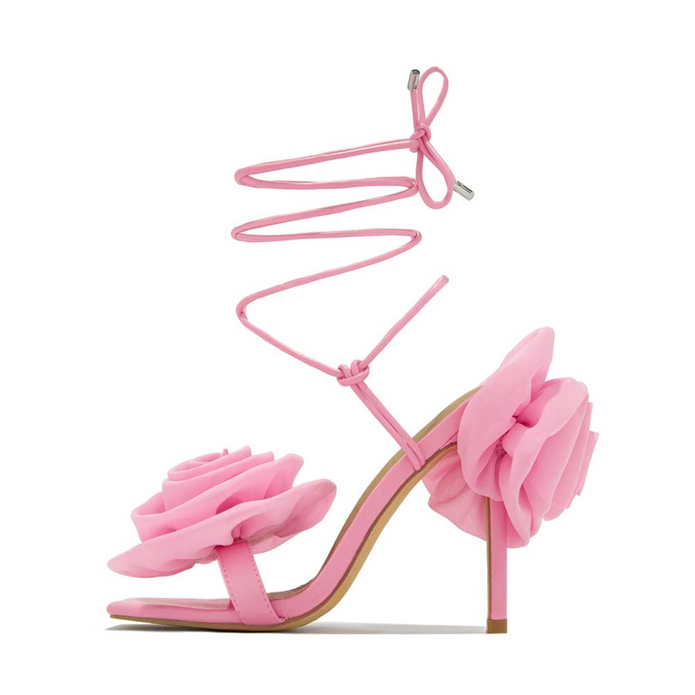 Pink Square Toe 4'' Stiletto Heel Strappy Floral Wedding Sandals Nicepairs