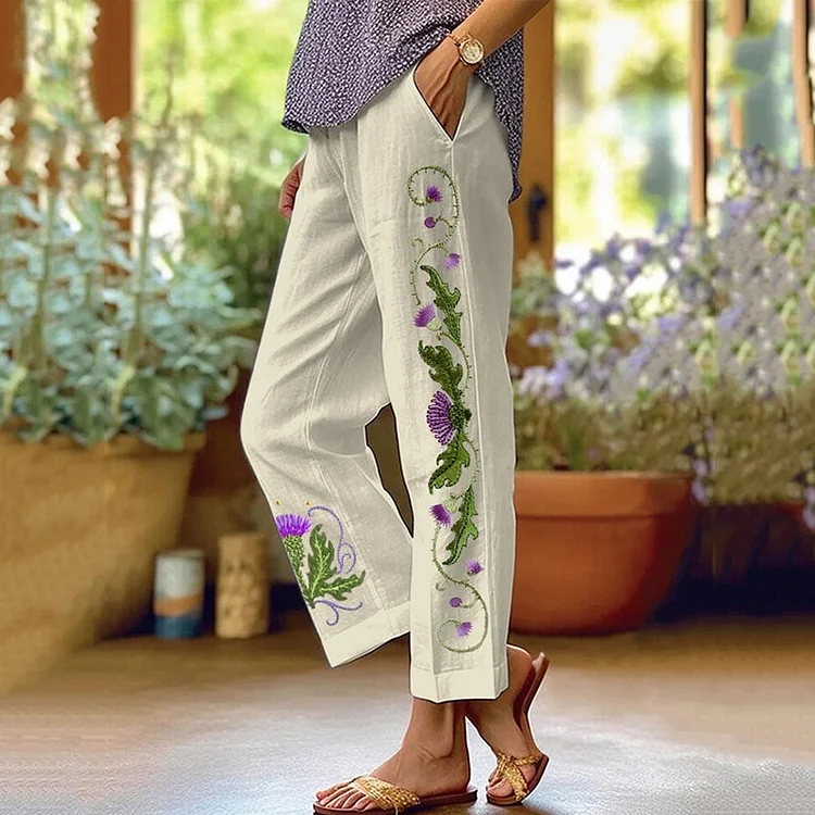 Utbros Scottish Thistle Embroidered Linen Blend Pants