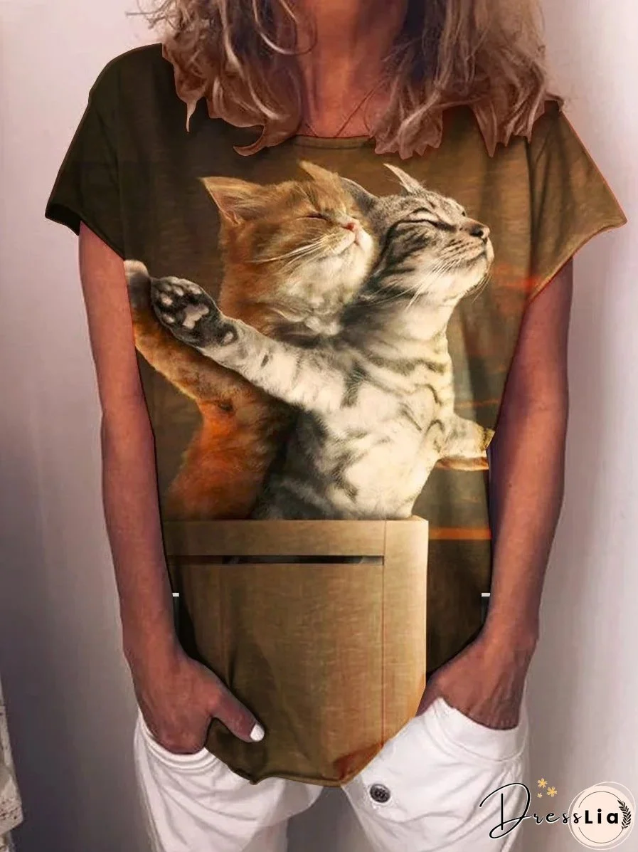 Casual Printed Titanic Cat Short Sleeve T-Shirt for Women
