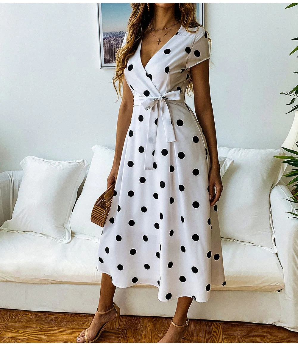 Lossky Summer Women Vintage Long Dress Casual Polka Dot Print Party Short Sleeve Dresses Sexy V-neck Fashion Woman Clothes y2k