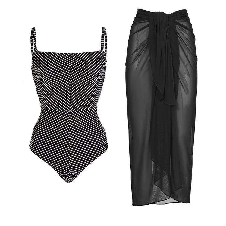 Striped Retro One Piece Swimsuit and Sarong Flaxmaker