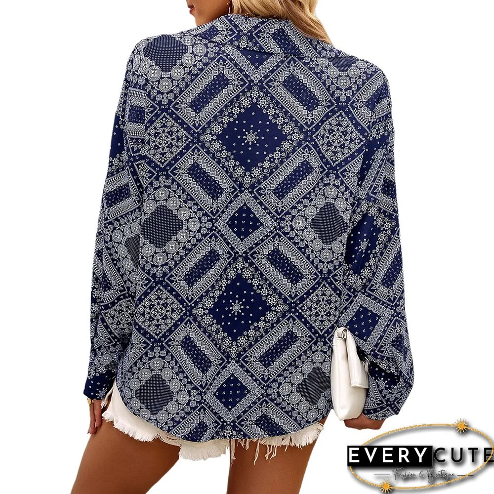 Navy Blue Digital Print Button Pocket Shirt