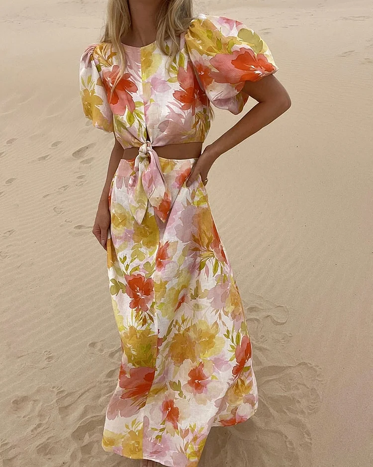 Chic Floral Print Puff Sleeve Dress
