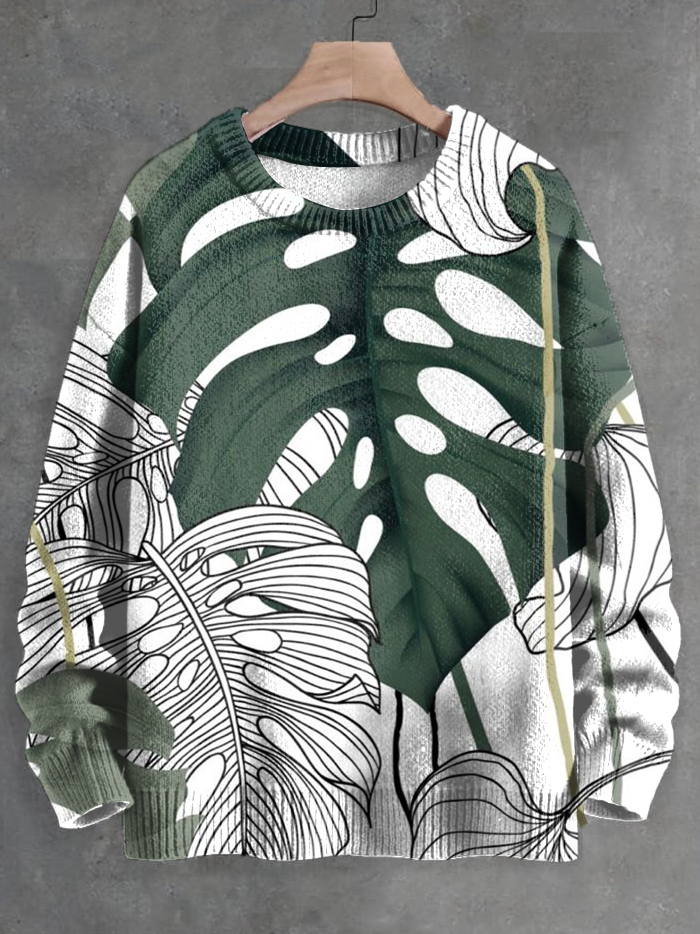 Men's Contrast Color Leaf Art Print Knit Sweatshirt
