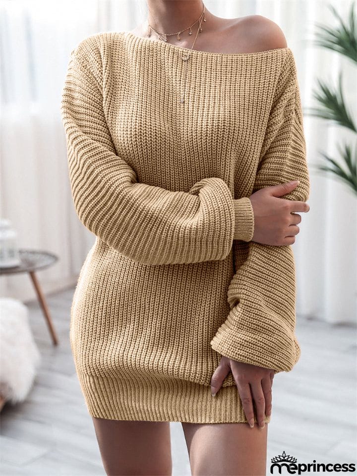 Comfortable Pullover Off-The-Shoulder Casual Loose Knit Sweater Mini Dress