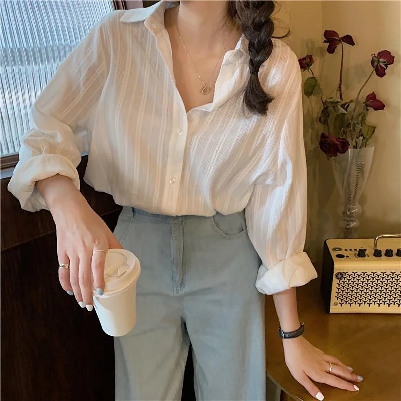 Jangj Sleeve Striped White Shirt 2022 Spring Summer Korean Style Blouse Elegant Casual Shirt for Female Turn Down Collar Clothing