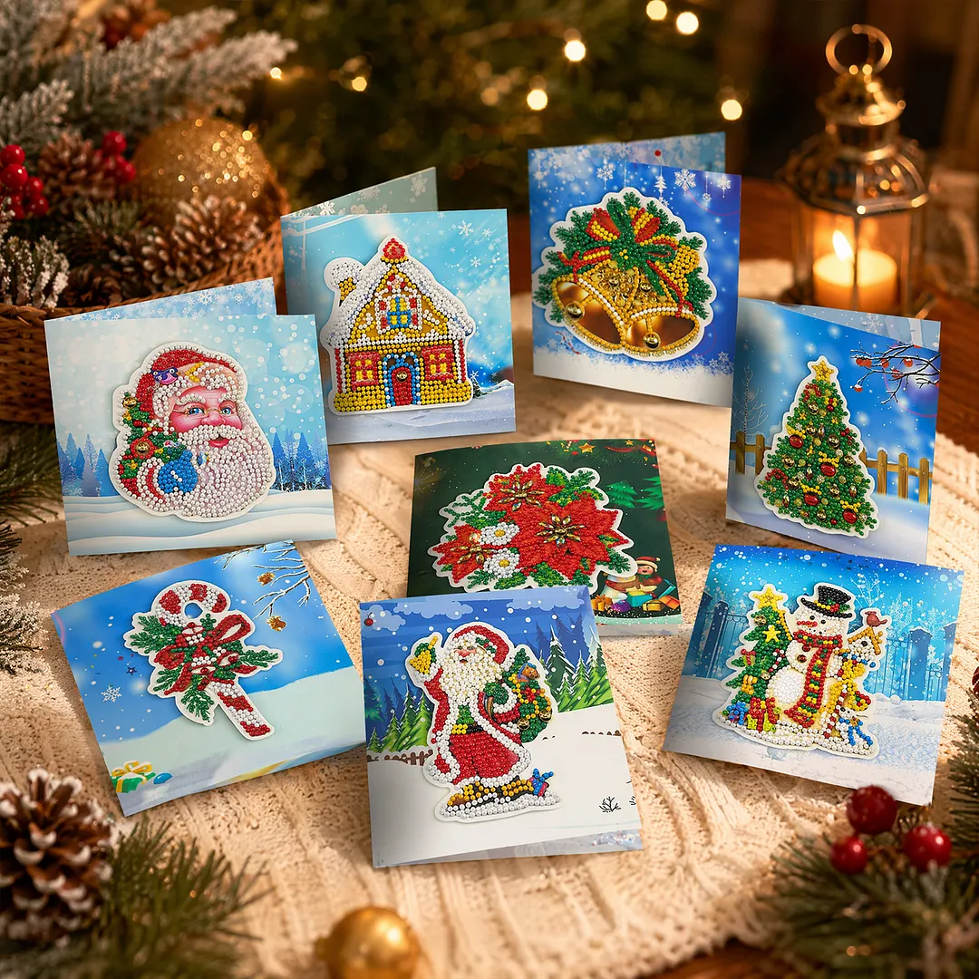 8PCS Winter Christmas DIY Diamond Painting Greeting Card Kits with Envelopes Diamond Art Greeting Cards Diamond Art Cards Kits for Adults DIY Crafts Family Friend Gifts