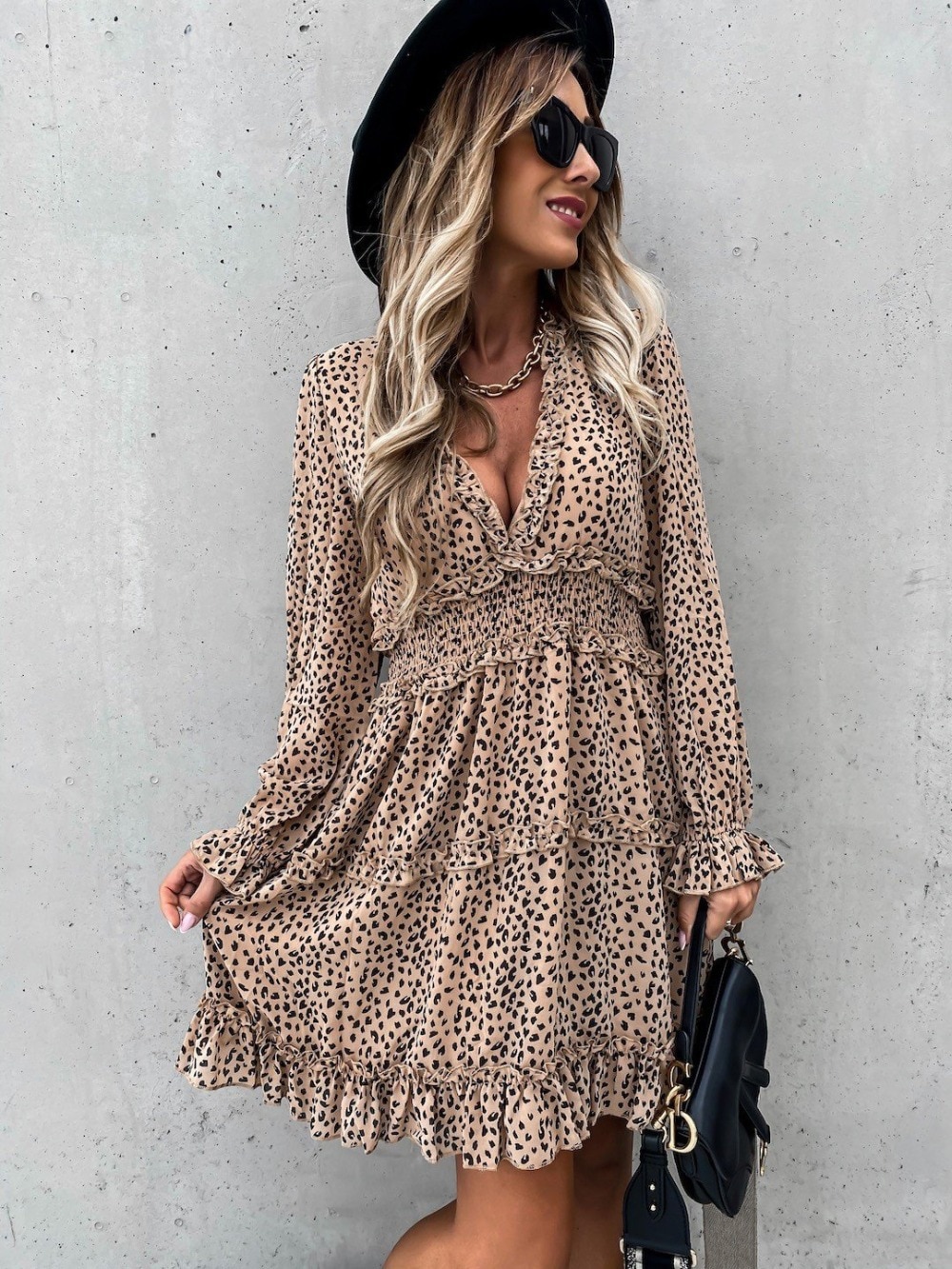 Sexy Deep V Neck Leopard Print Women Dress 2020 Autumn Winter Long Sleeve Ruffles A-Line Dresses Elastic Waist Party Vestidos