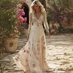 Vintage Boho Roses Embroidered Flowy Linen Maxi Dress - Image 3
