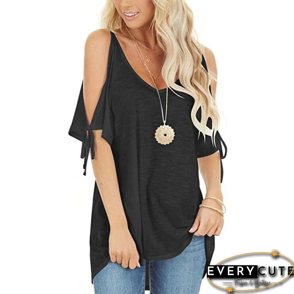 Black Cold Shoulder Lace-up Short Sleeve Tees