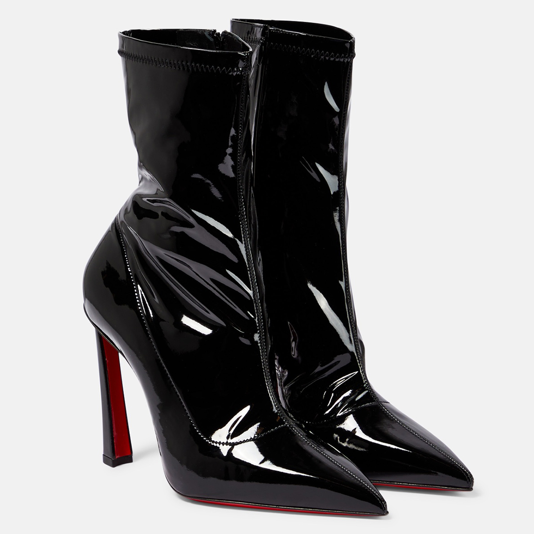 85mm Women's Mirrored Patent Leather Black Rivet Red Bottom Ankle Boots-MERUMOTE
