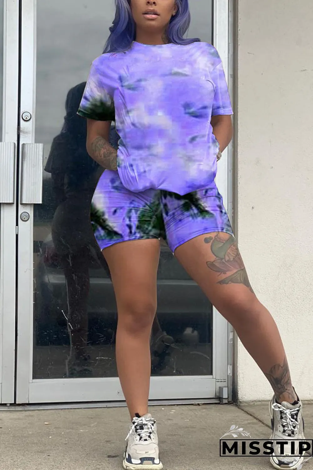 Pink Fashion Casual Tie-dye Printed Two-piece Set