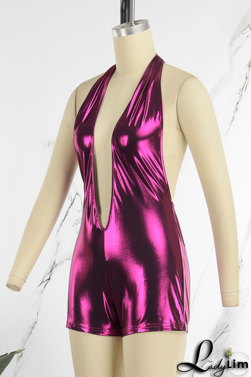 Fuchsia Sexy Solid Patchwork Backless Halter Skinny Jumpsuits