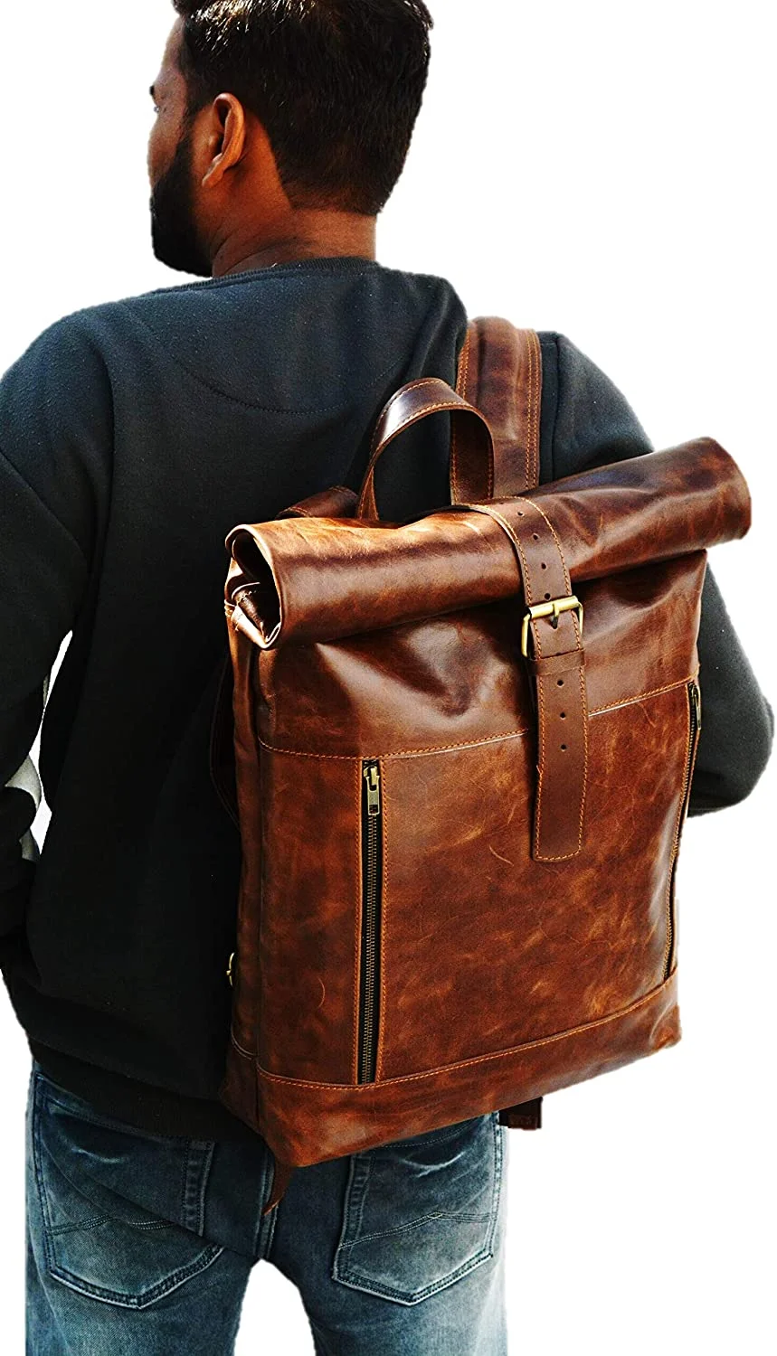 Leather Vintage Roll on Laptop Backpack For Men