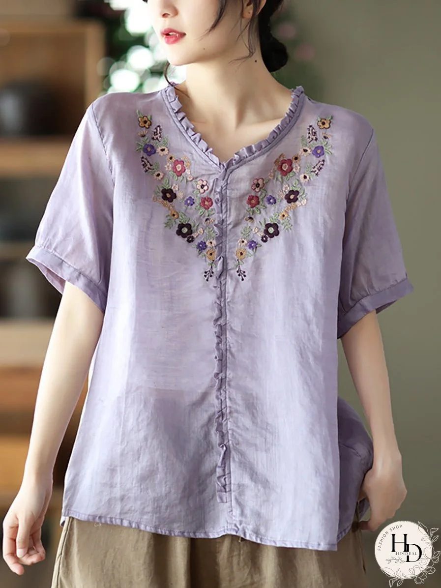 Summer Ramie Embroidered Casual Women Loose T Shirt