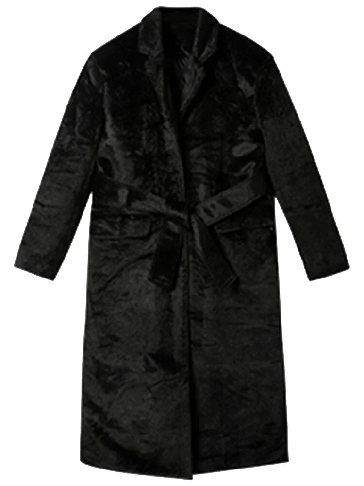Huiketi Winter Oversized Long Black Soft Faux Fur Trench Coat for Women Long Sleeve Sashes Casual Stylish Korean Fashion 2023