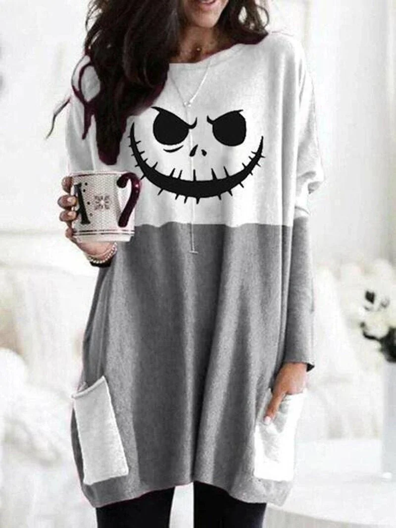 Round neck funny print long-sleeved loose long T-shirt