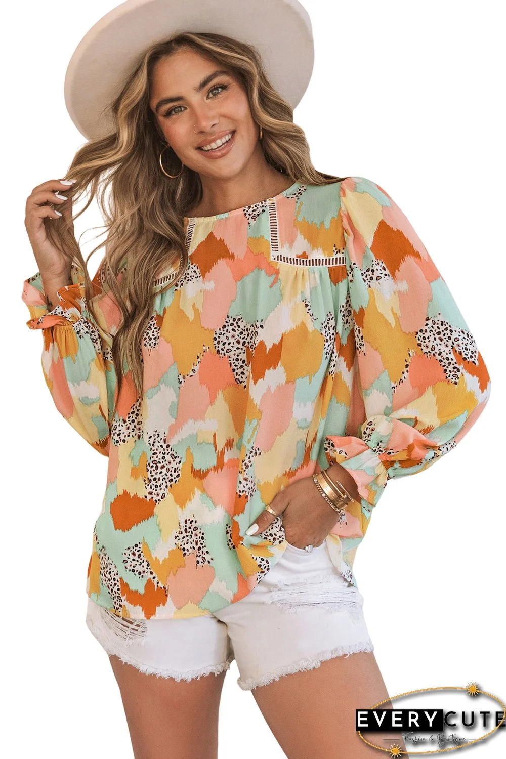 Pink Abstract Printed Long Sleeve Blouse
