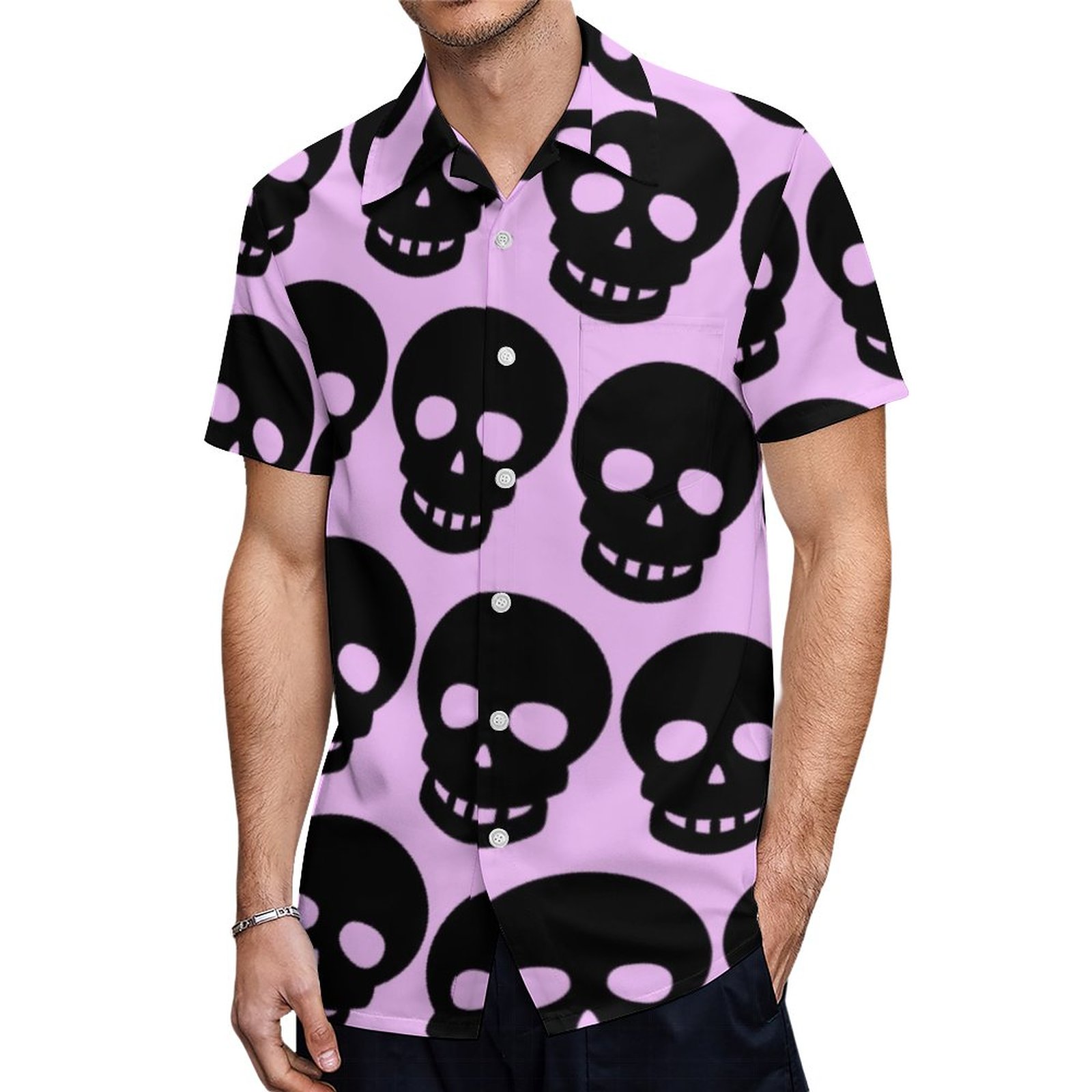 Lilac Aesthetic Pastel Goth Skulls Big Print Hawaiian Shirt Mens Button Down Tropical Hawaii Beach Shirts