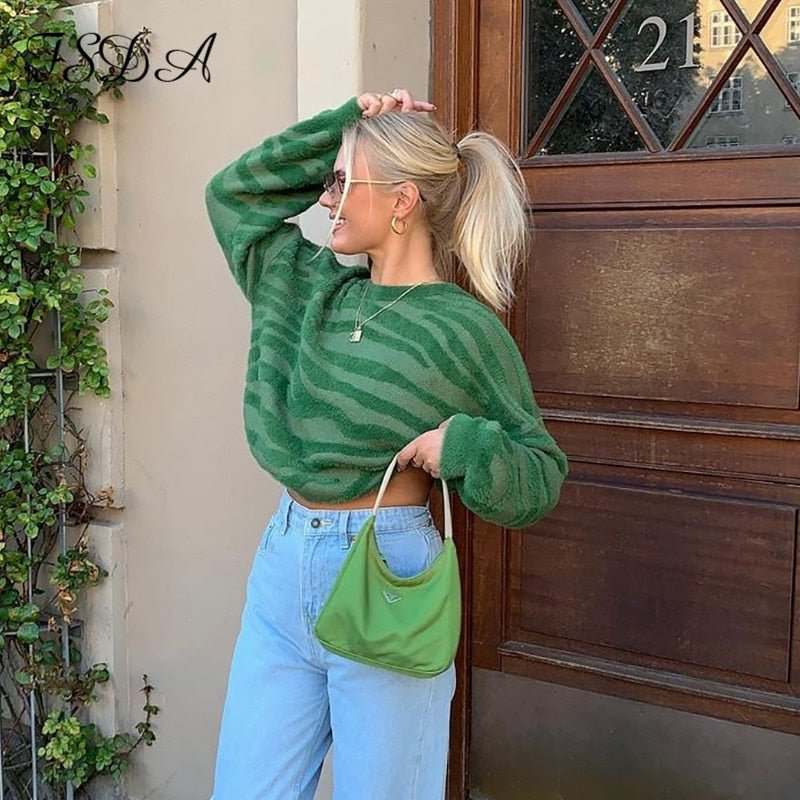 FSDA 2021 O Neck Women Sweater Knitted Green Autumn Winter Long Sleeve Casual Pullover Oversized Fashion Jumper Top Y2k