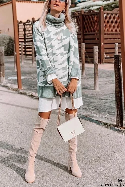 Houndstooth High Collar Sweater