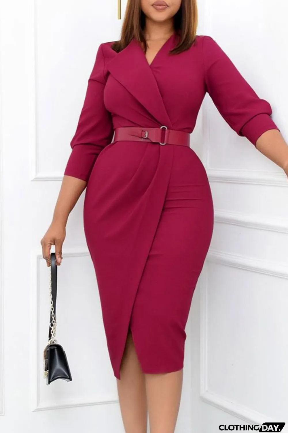 Deep Blue Elegant Solid Split Joint With Belt Turn-back Collar One Step Skirt Dresses