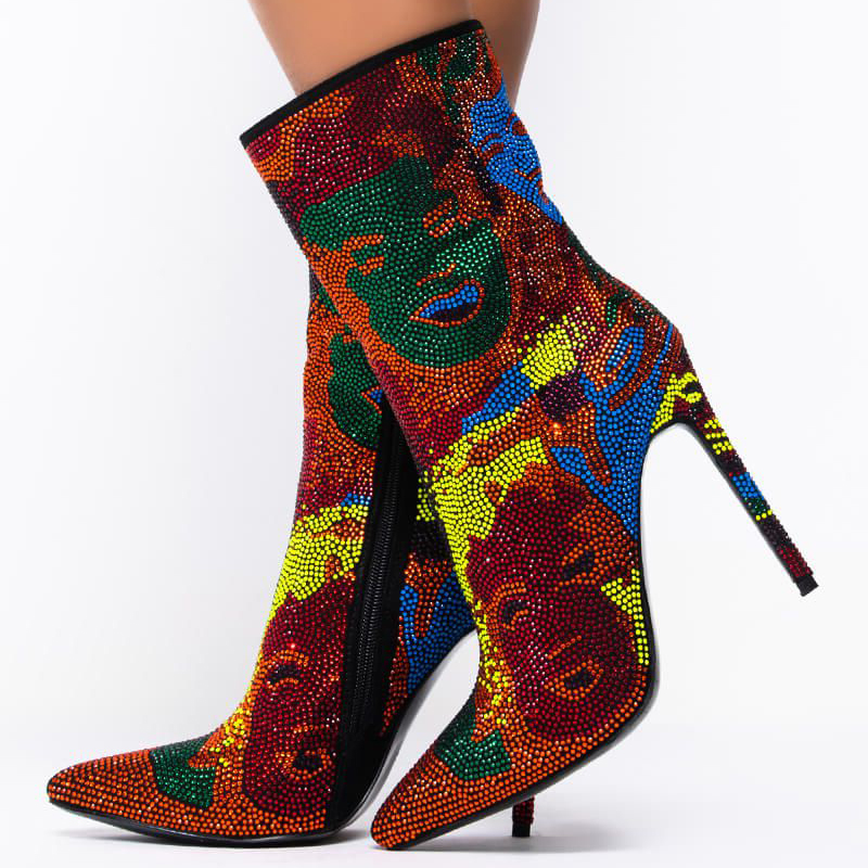 Trendy Pointed Toe Stiletto Heel Multicolor Rhinestone Boots with Zip Nicepairs