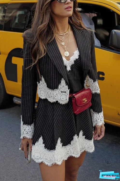 Meridress Single Button Striped Lace Trim Crop Blazer