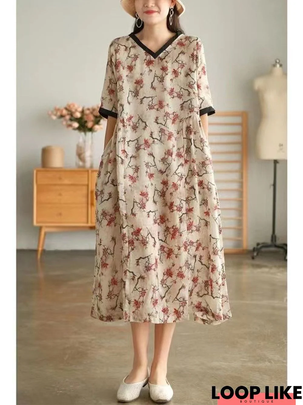 Literary Retro Floral Cotton Linen Short Sleeved Dress