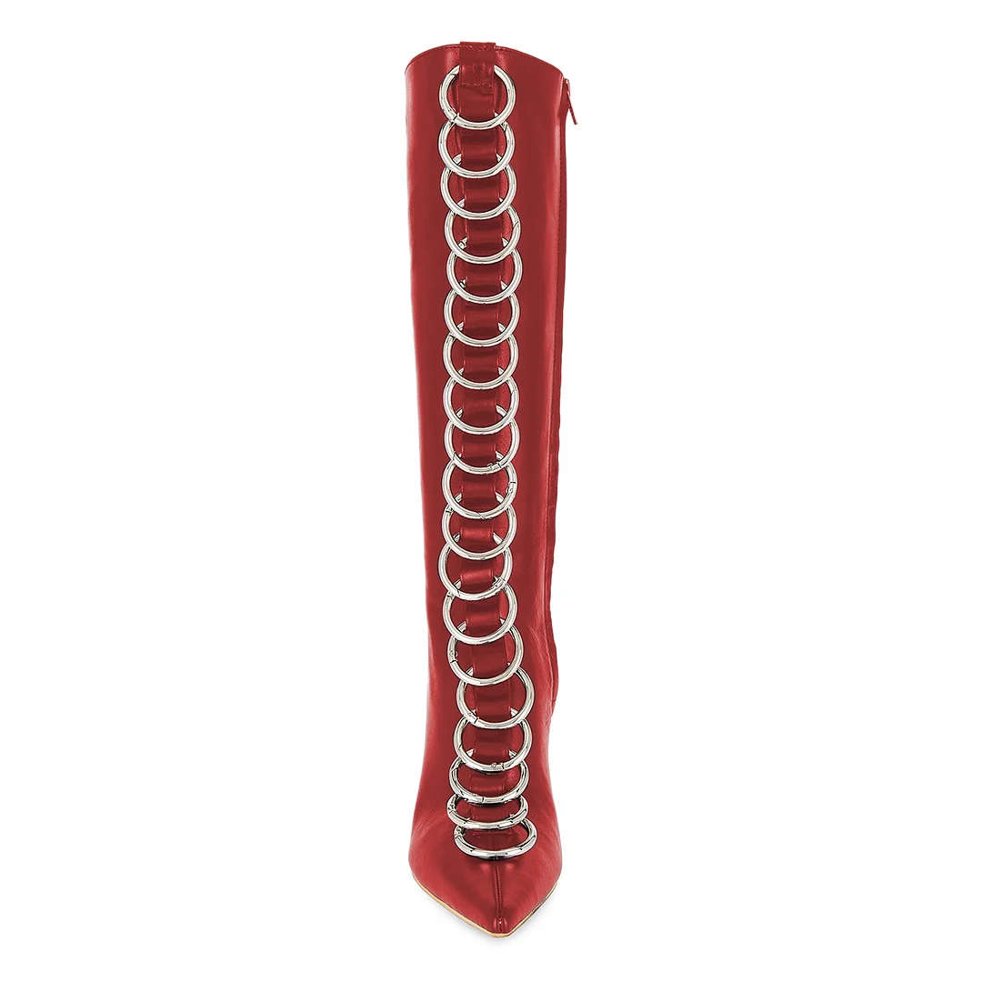 Red Vegan Leather Pointed Multiple Silver Ring Decor Knee High Boots