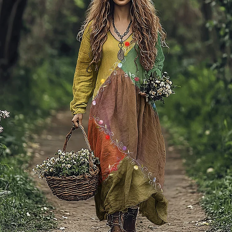Vintage Floral Art Embroidered Color Block Linen Blend Maxi Dress