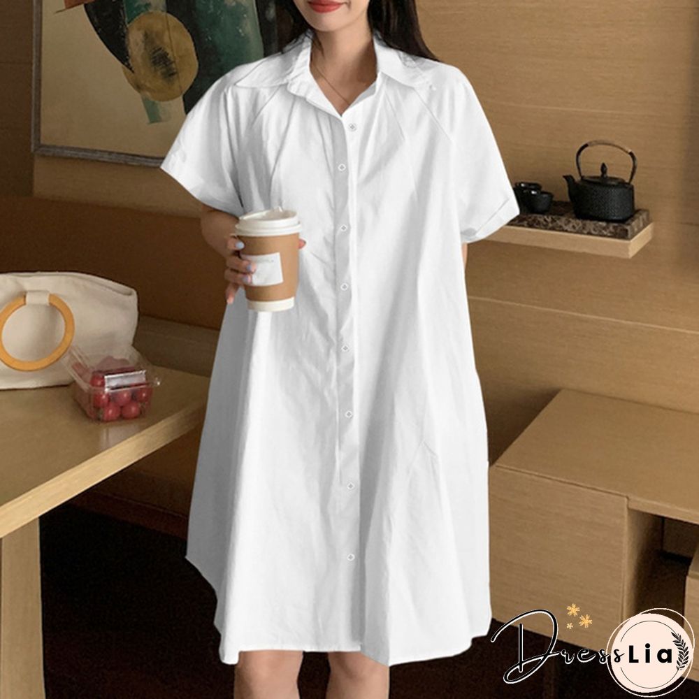 Women Loose Plain Holiday Cami Sundress Lapel Cotton Retro Party Mini Shirt Dress Plus