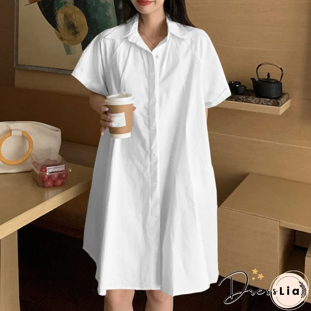 Women Loose Plain Holiday Cami Sundress Lapel Cotton Retro Party Mini Shirt Dress Plus