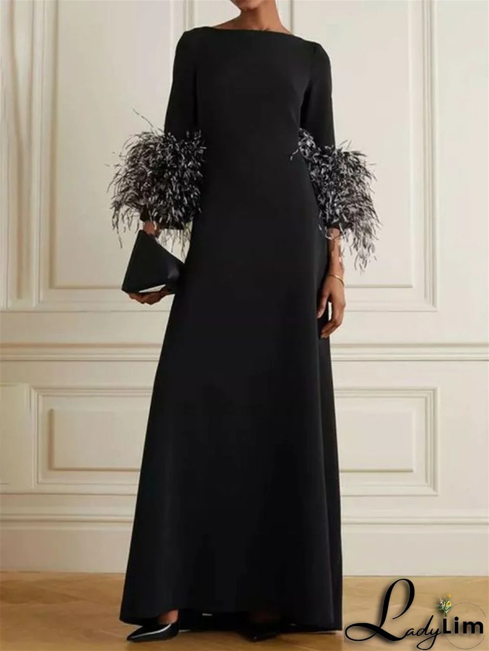 Elegant Formal Party Feather Cuff Evening Gown Maxi Dress