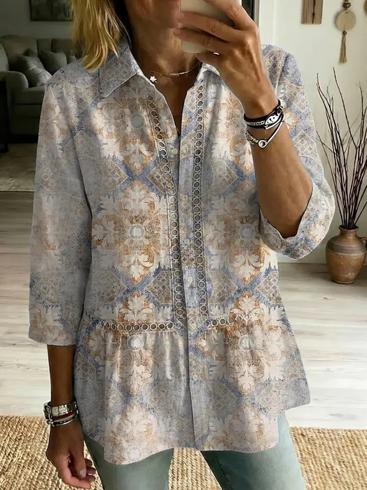 Women's Retro Floral Art Print Casual Lapel Cotton Shirt