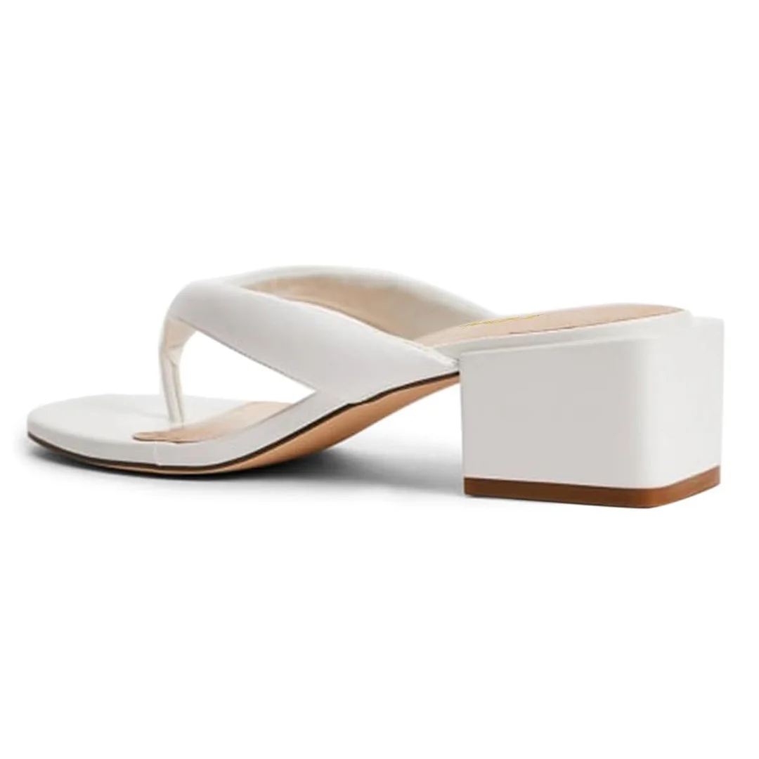 YDN Open Square Toe Flip Flop Block Heel Slide Sandals in White