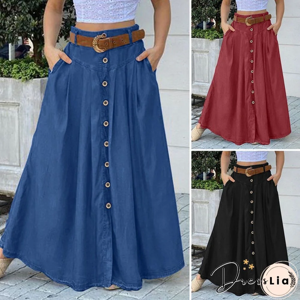 Women Fashion Solid Color Buttons Denim Long Skirts Vintage Long Dresses