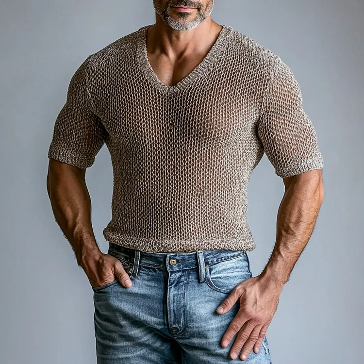 Men's Party Knit Hollow Out V Neck Short Sleeve T-Shirt