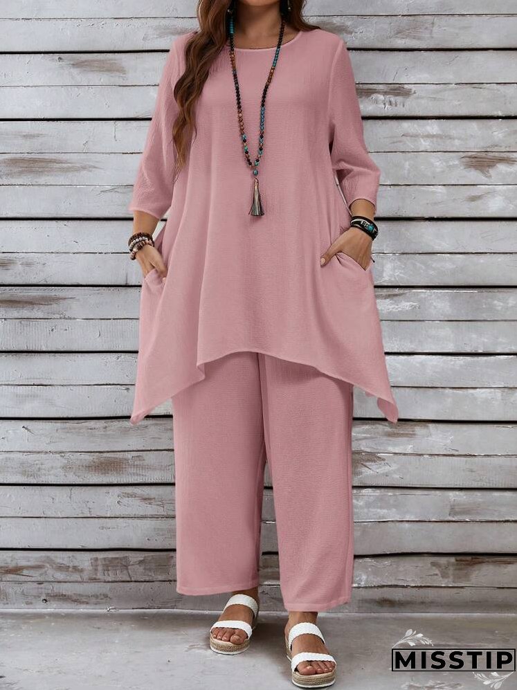 Plus Size Women's Summer Loose Fit Top With PocketsAnd Pants, Casual White Linen Set With Asymmetrical Hem And Three Quarter Sleeves
