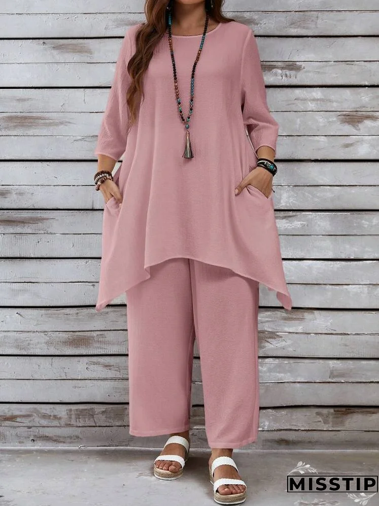 Plus Size Women's Summer Loose Fit Top With PocketsAnd Pants, Casual White Linen Set With Asymmetrical Hem And Three Quarter Sleeves