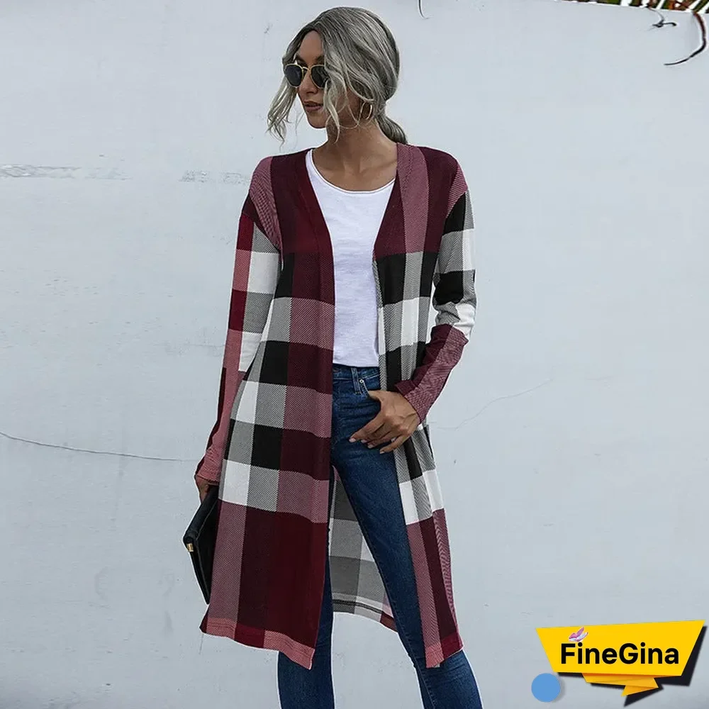 Autumn Women's Plaid Fashion Buttonless Straight Cardigan Coat Women