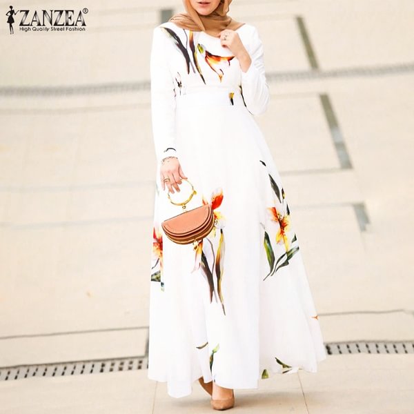 ZANZEA Women Spring Long Sleeved Floral Kaftan Robes Muslim Dress Islamic Elegant Maxi Dresses - Shop Trendy Women's Clothing | LoverChic